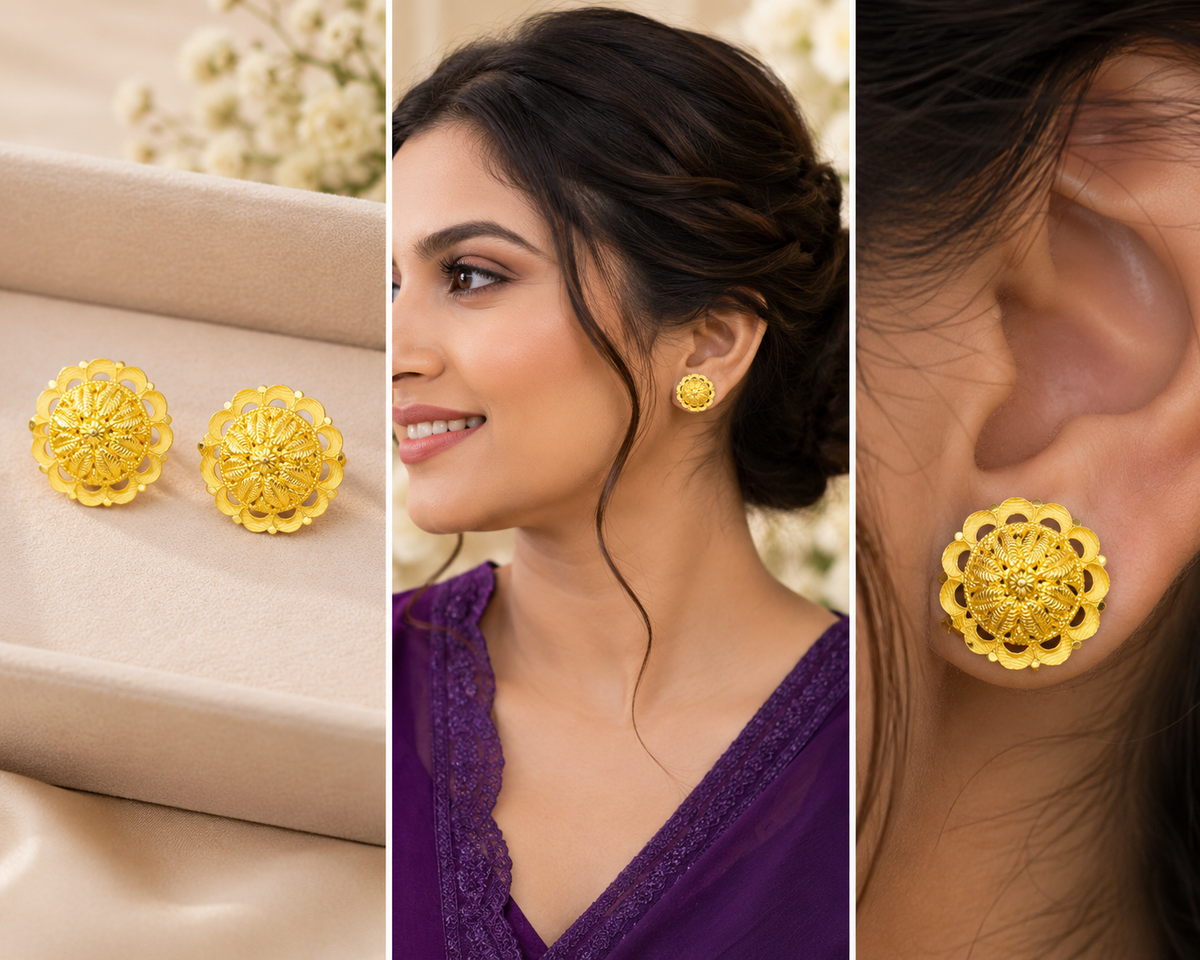 916 BIS Hallmark 22kt Gold Floral Stud Big size Earing