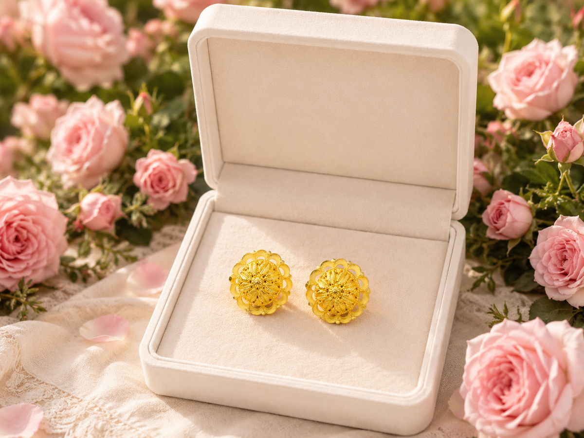 916 BIS Hallmark 22kt Gold Floral Stud Big size Earing