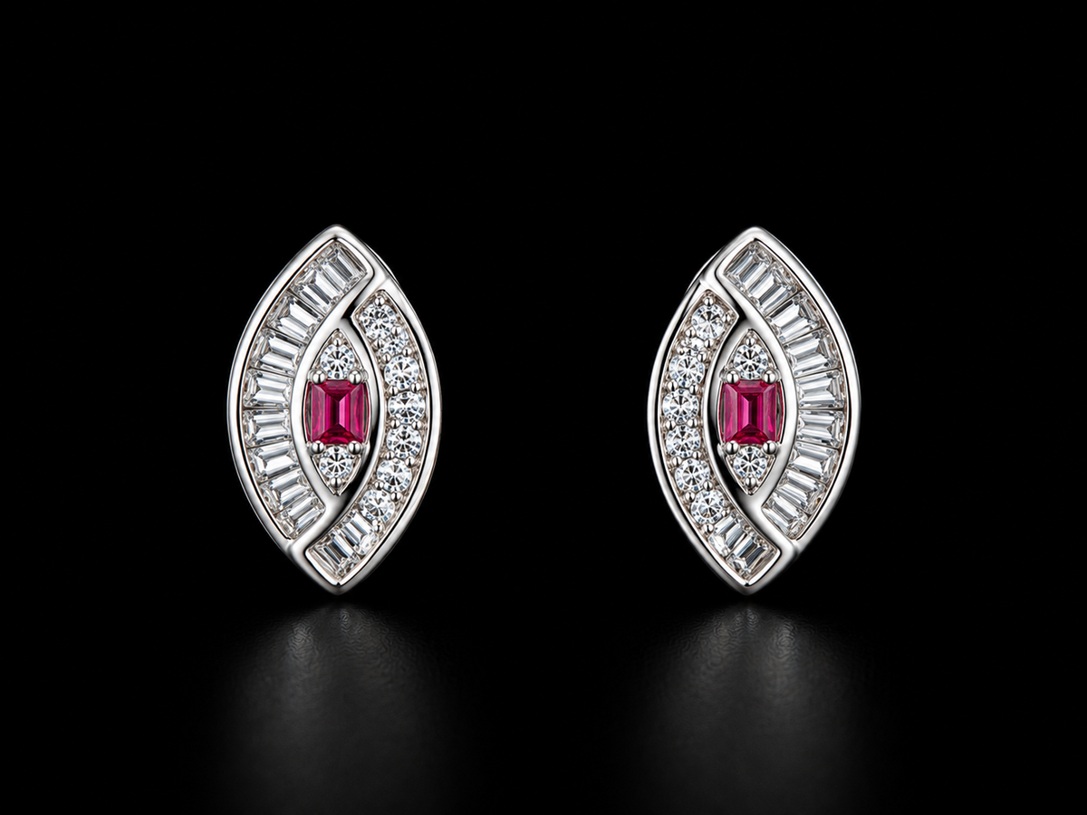 925 Silver Geometric design  with red 2.4 gms Stud Earing